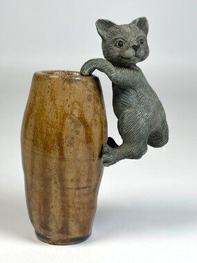 Vintage Whimsical Ceramic Vase with Gray Resin Climbing Cat Figurine Cute